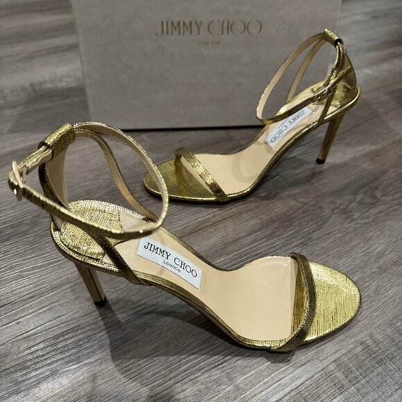 Jimmy Choo Minny 85 mm Gold Metallic Lizard Print Leather Heels Sandals - Picture 3 of 13